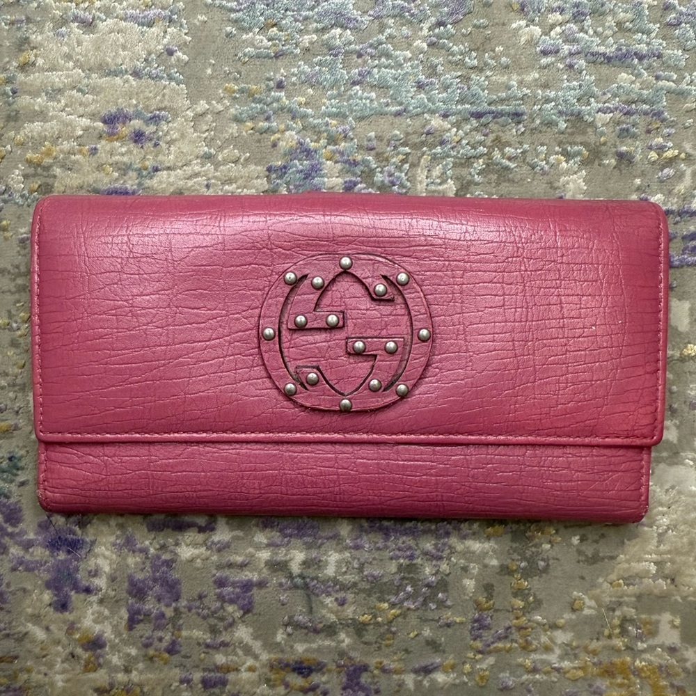 Authentic Gucci Interlocking G Logo Pink Leather Continental Wallet